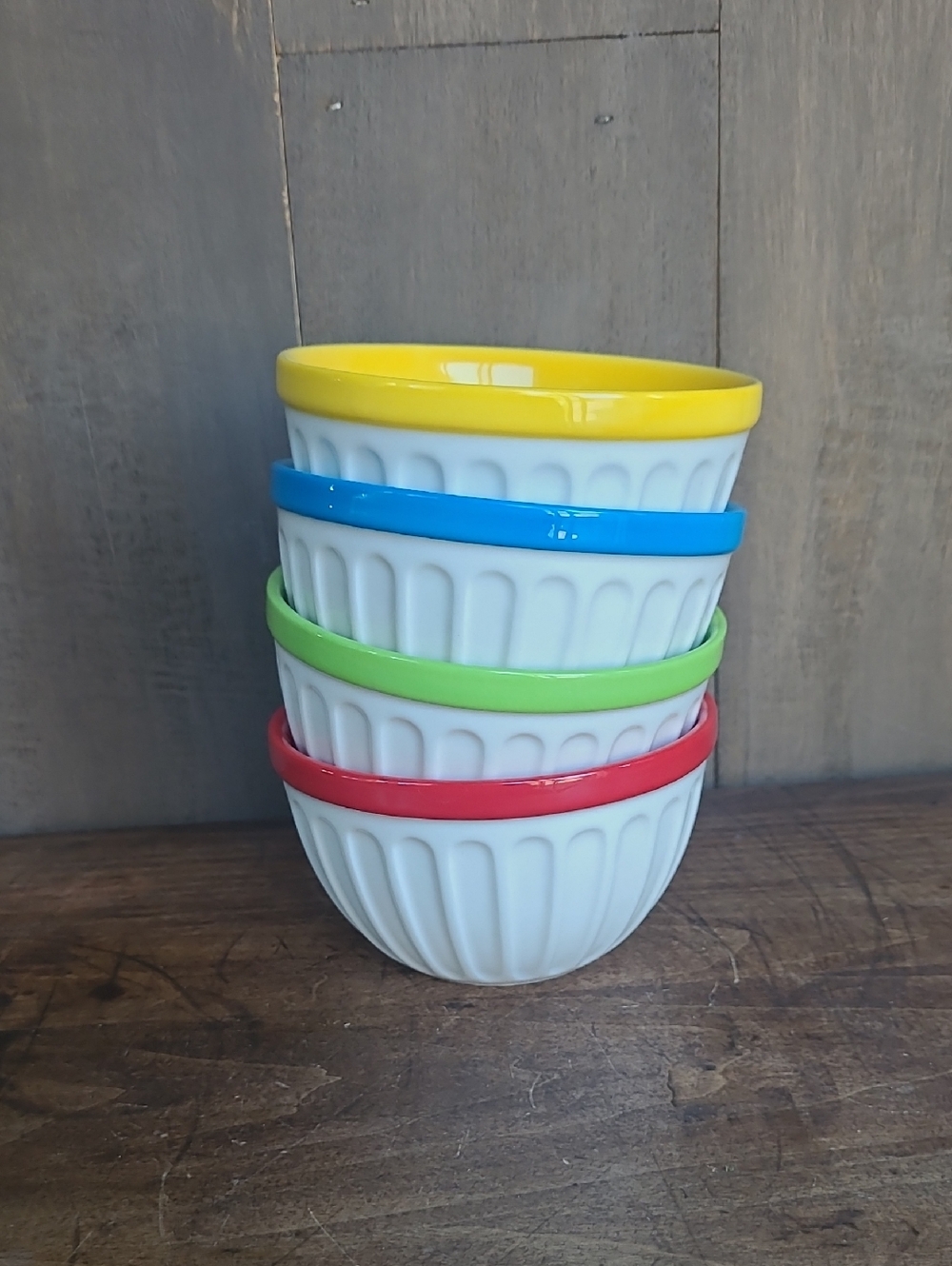 EUC Starbucks Bowls Set of 4 White Ceramic Bowls w/ Colorful Rim Accents
